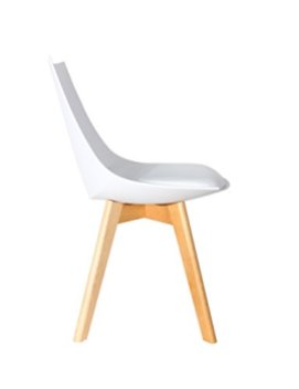 Der EMMA weiß Stuhl besticht mit seiner eckigen Kunststoffschale, neben einer qualitativen Buchenholz Verarbeitung.